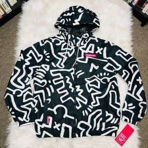 MEMBERS ONLY X KEITH HARING WOMENS JACKET BLACK AND WHITE HOODED JACKET